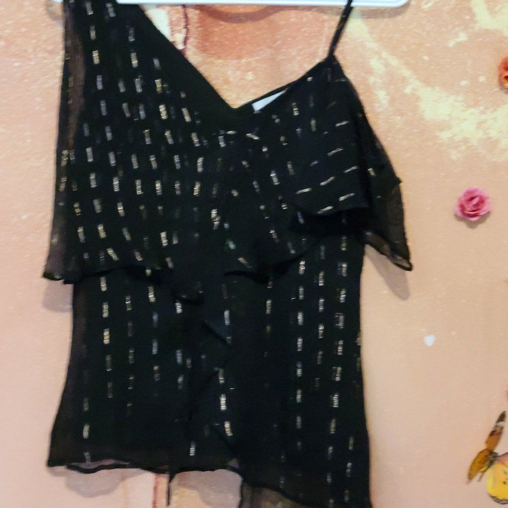 INTROPIA V NECK black BLOUSE SHEER GOLD SPECK